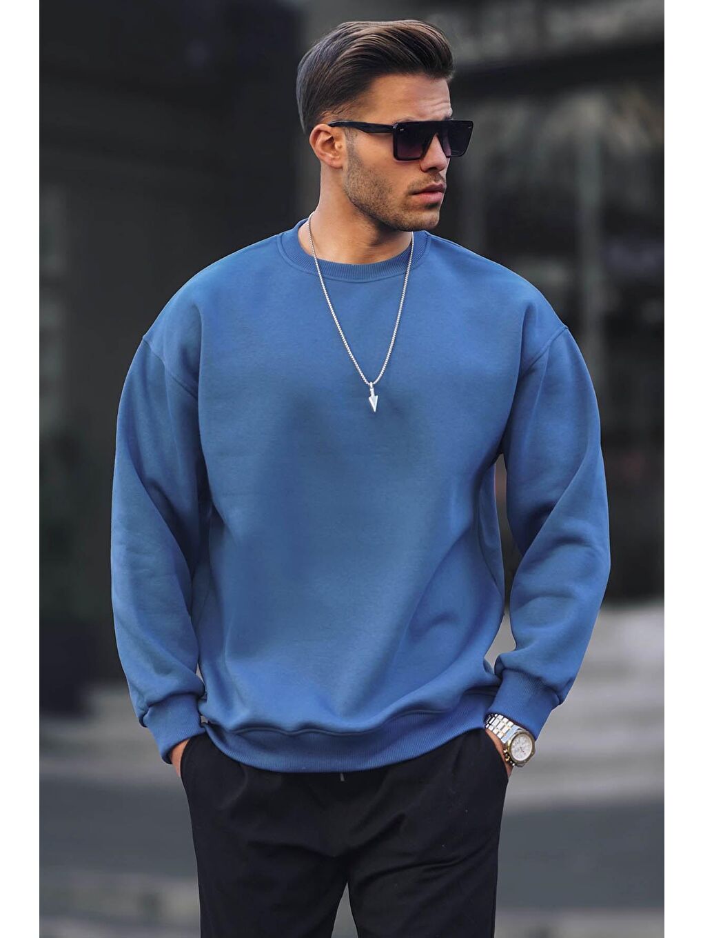 Madmext İndigo Bisiklet Yaka Oversize Şardonlu Basic Erkek Sweatshirt 6048