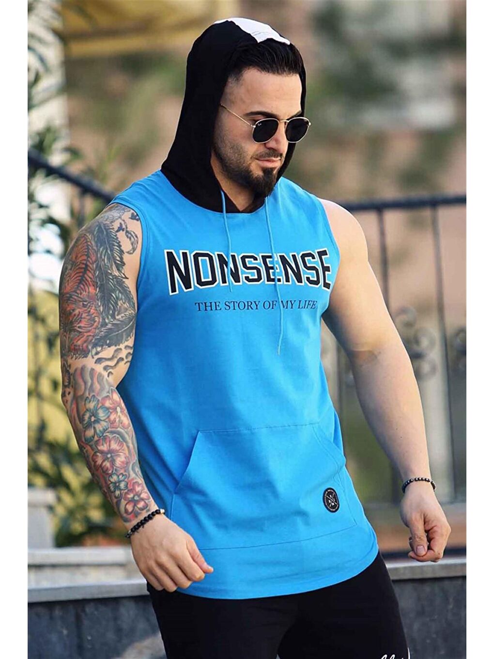 Kapüşonlu Kolsuz Tişört Mavi 2882-3