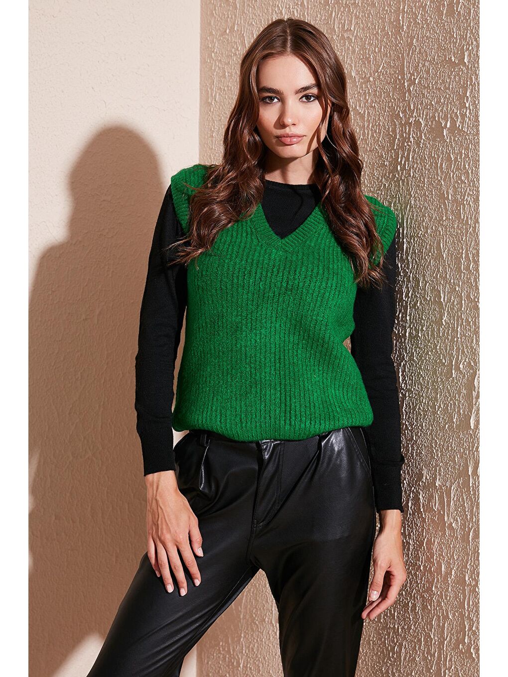 Yeşil V Yaka Örme Triko Süveter 4616105-5