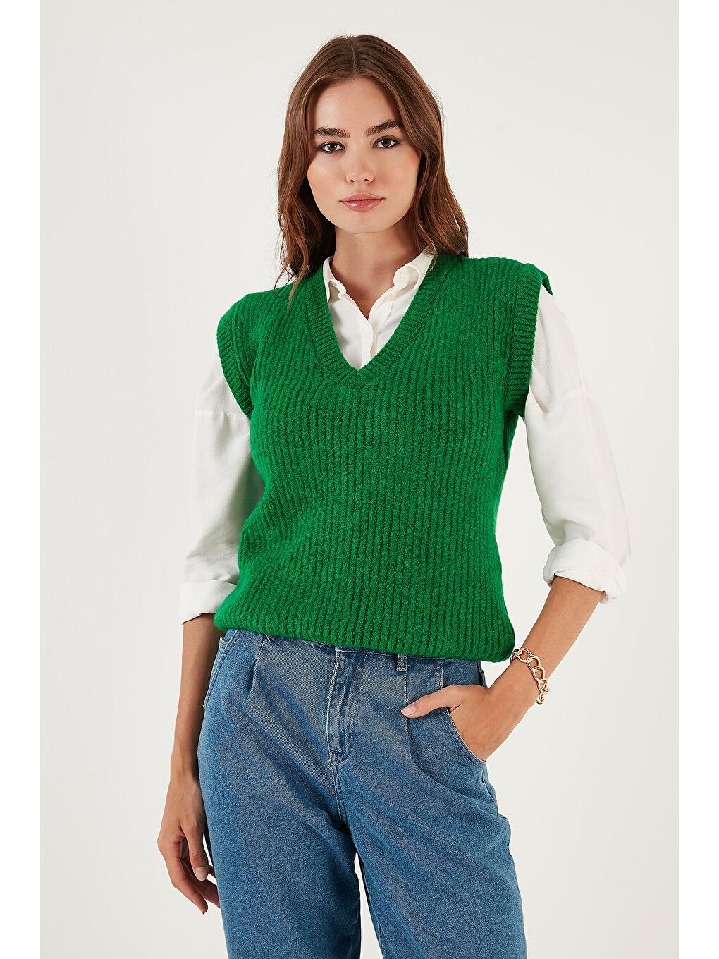 Yeşil V Yaka Örme Triko Süveter 4616105-6