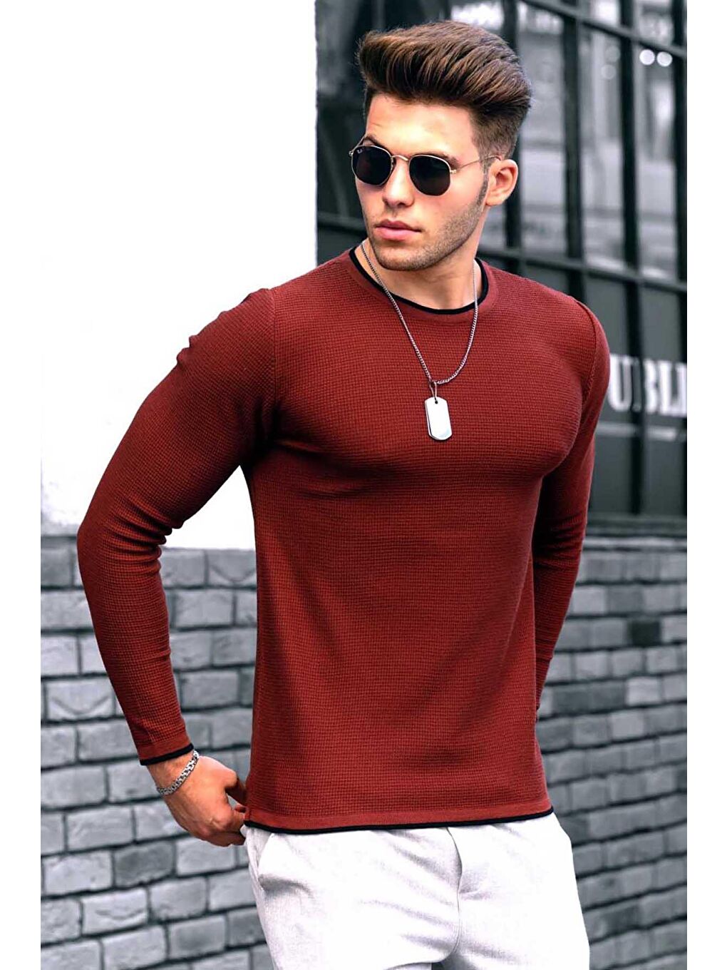 Bordo Bisiklet Yaka Erkek Triko Kazak 4637