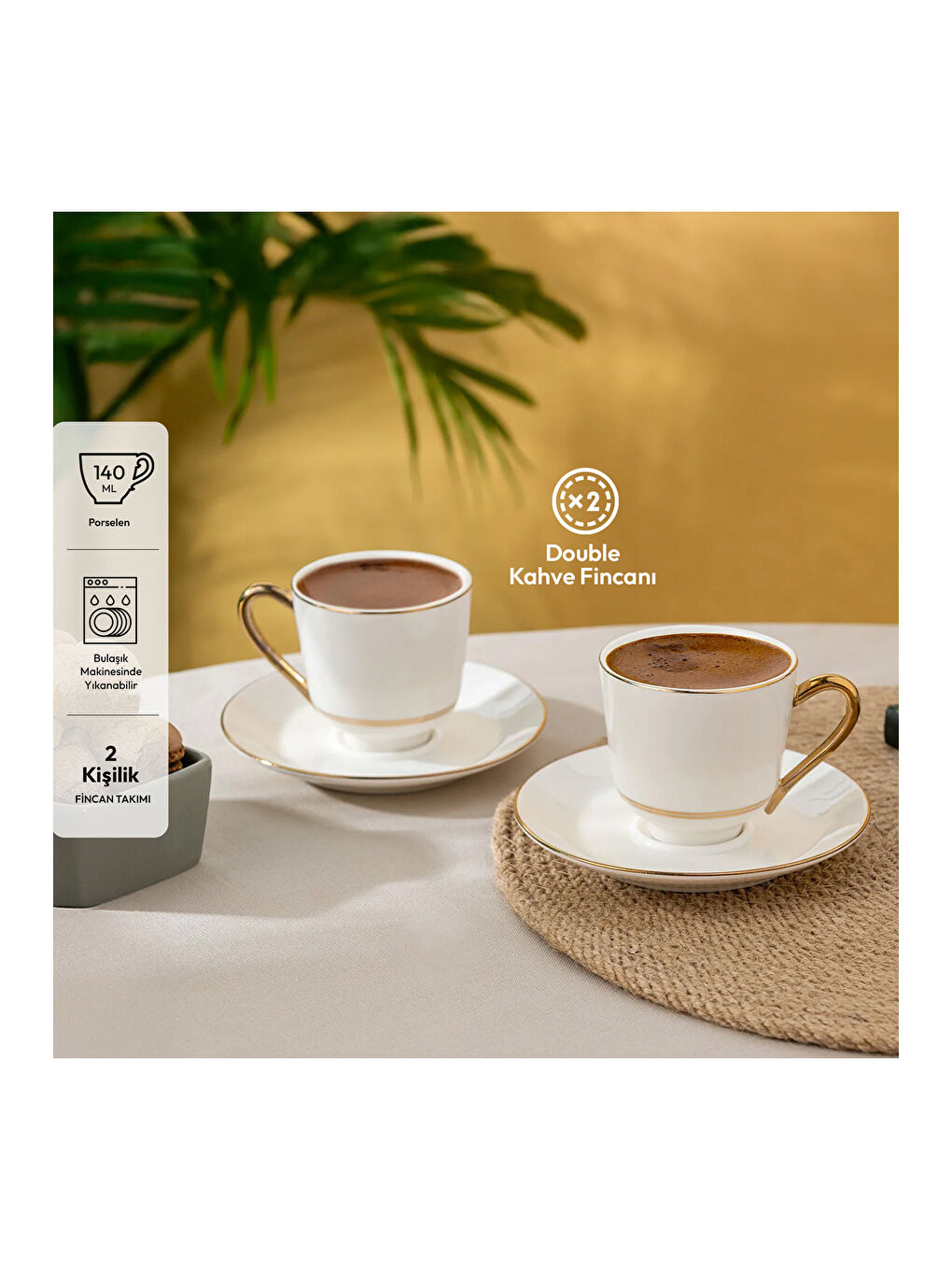 Beyaz Semin 2 Kişilik Double Kahve Fincan Takımı Gold 140 ml