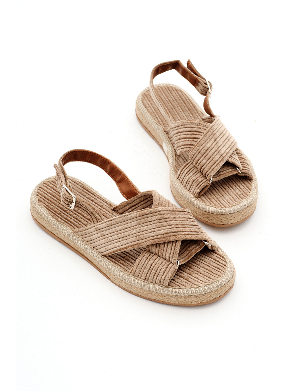 Bej Kadın Vizon Çapraz Bantlı Bilekten Bağlamalı Hasır Triko Sandalet-3