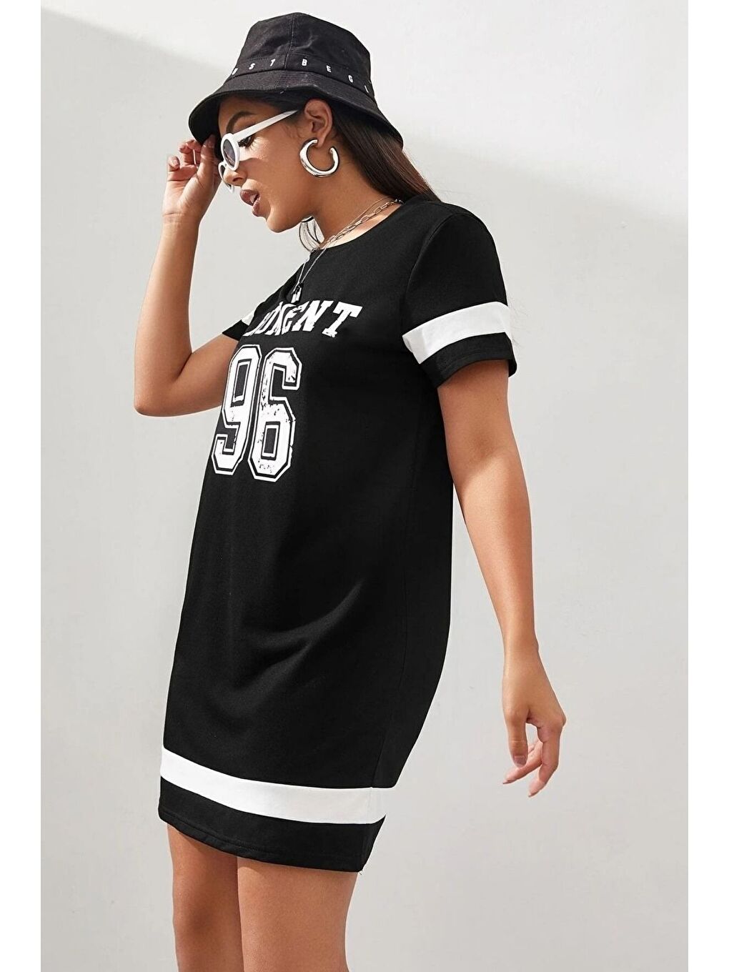 Kadın Siyah Moment 96 Baskılı Tişört Elbise-2