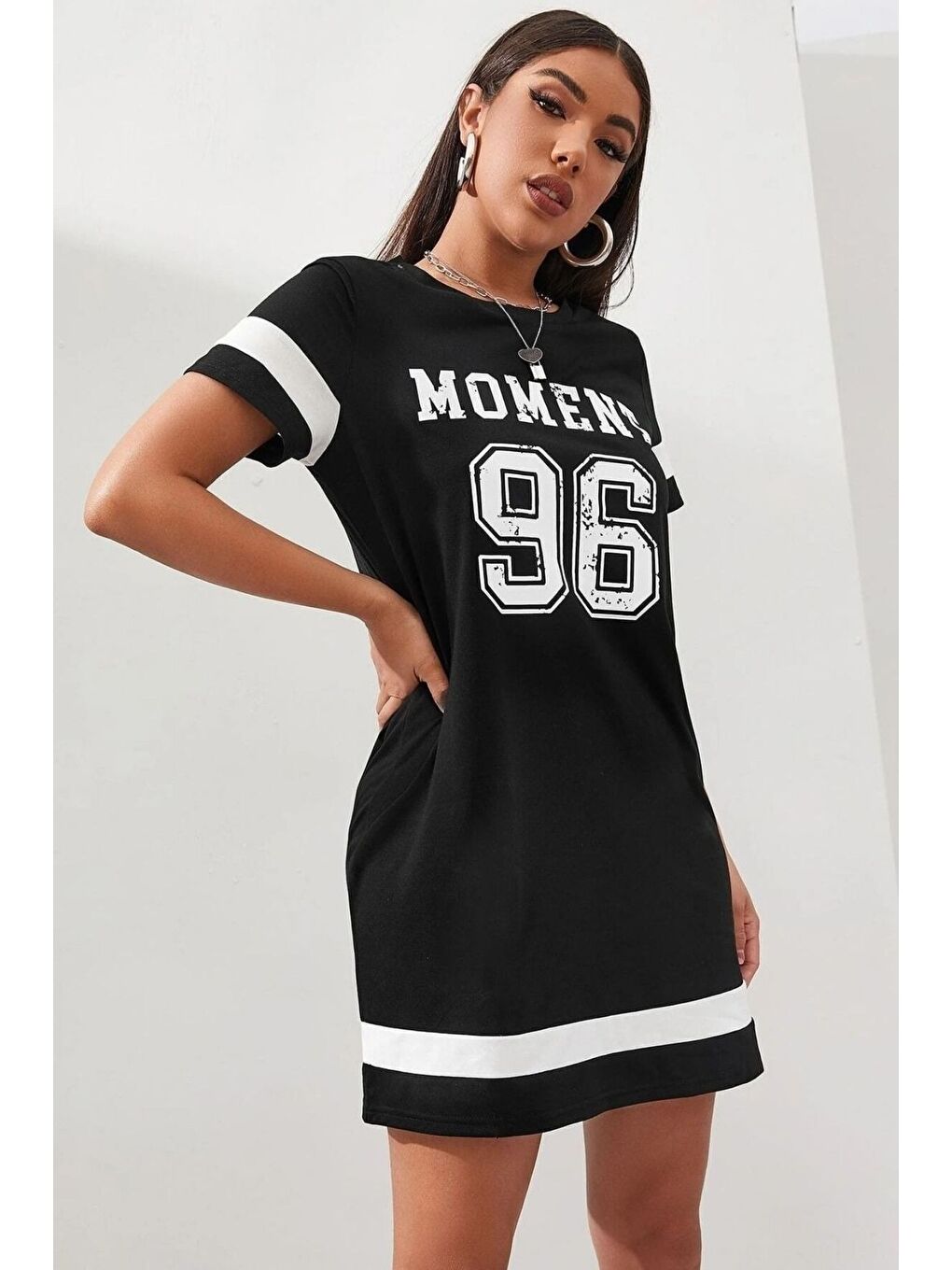 Kadın Siyah Moment 96 Baskılı Tişört Elbise-3