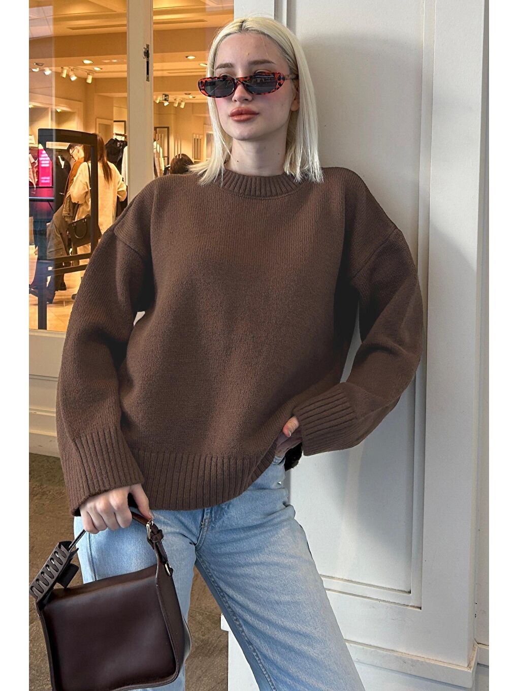 Kahverengi Bisiklet Yaka Oversize Triko Kazak Mg1972