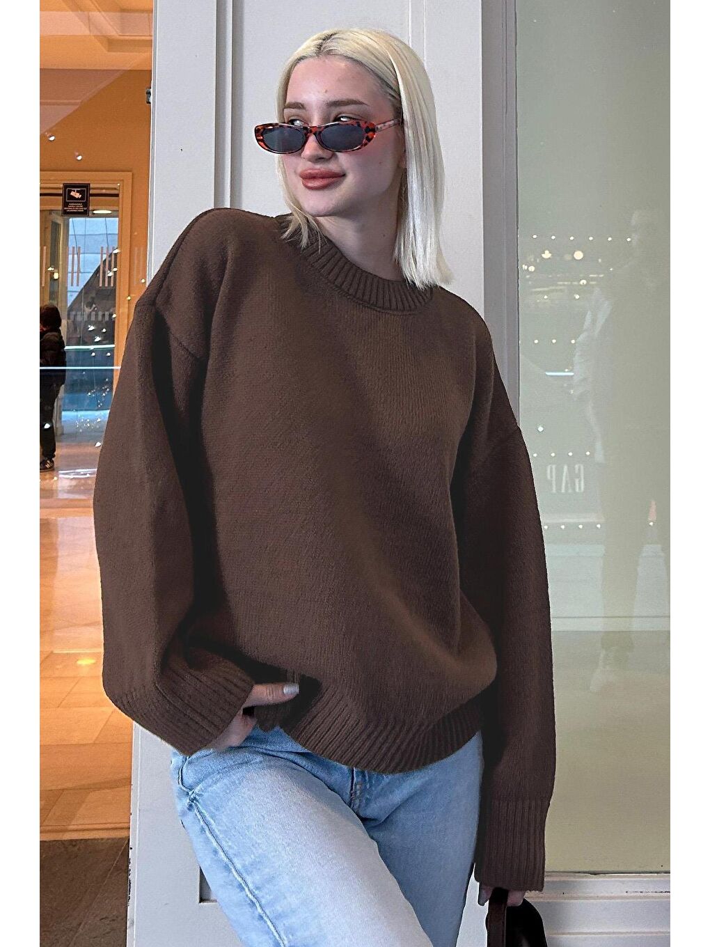 Kahverengi Bisiklet Yaka Oversize Triko Kazak Mg1972-1