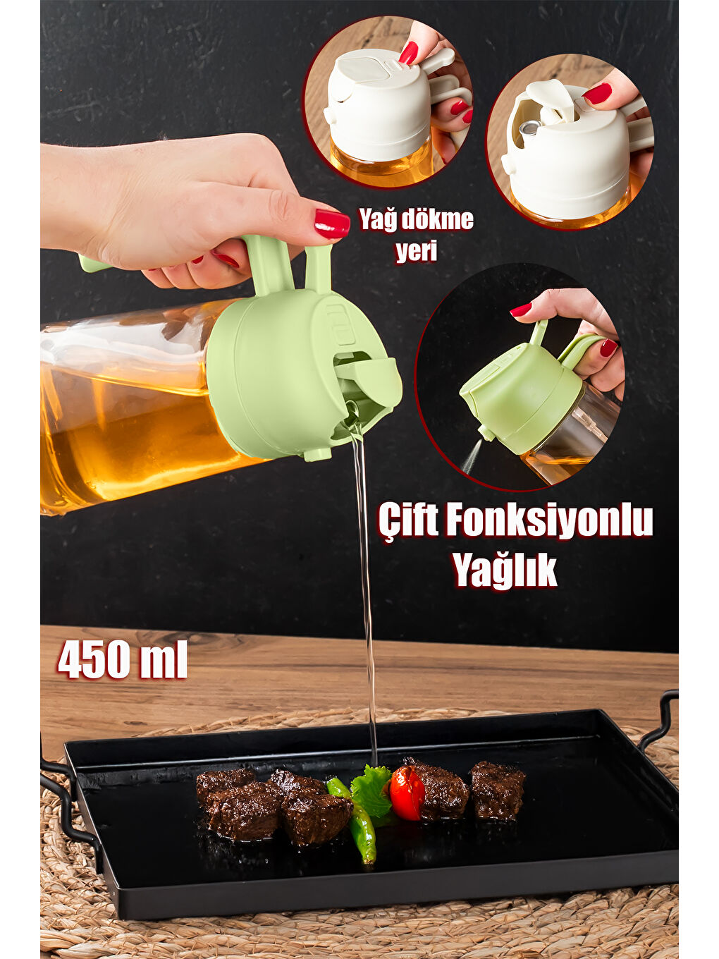 ALK-1900 Çok Amaçlı Cam Sprey Şişe -Yağdanlık Sirke Püskürtücü, Sızdırmaz Standlı Yağdanlık Yeşil