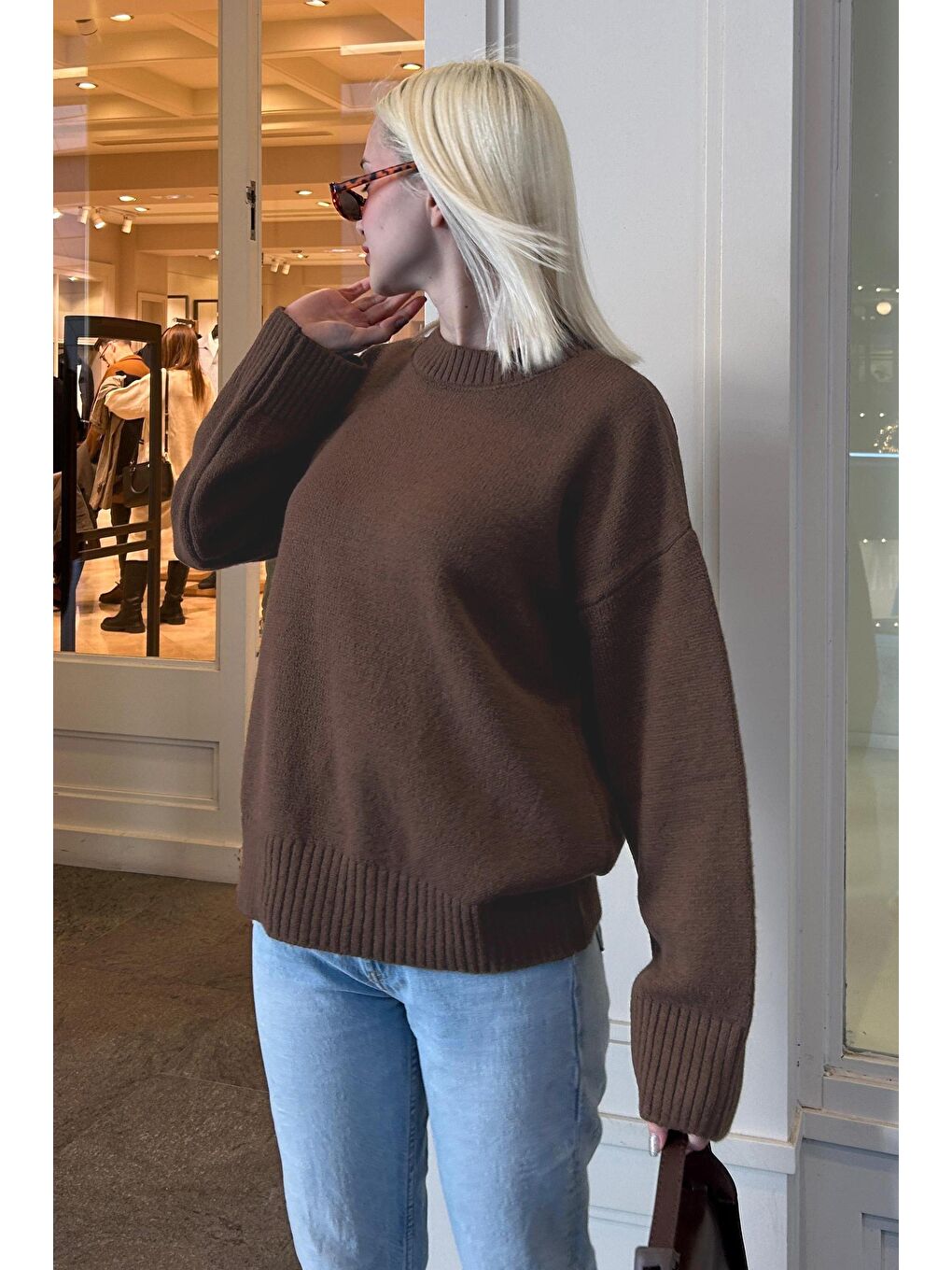 Kahverengi Bisiklet Yaka Oversize Triko Kazak Mg1972-2