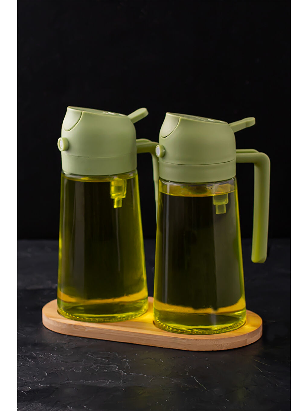 ALK-1900 Çok Amaçlı Cam Sprey Şişe -Yağdanlık Sirke Püskürtücü, Sızdırmaz Standlı Yağdanlık Yeşil-2