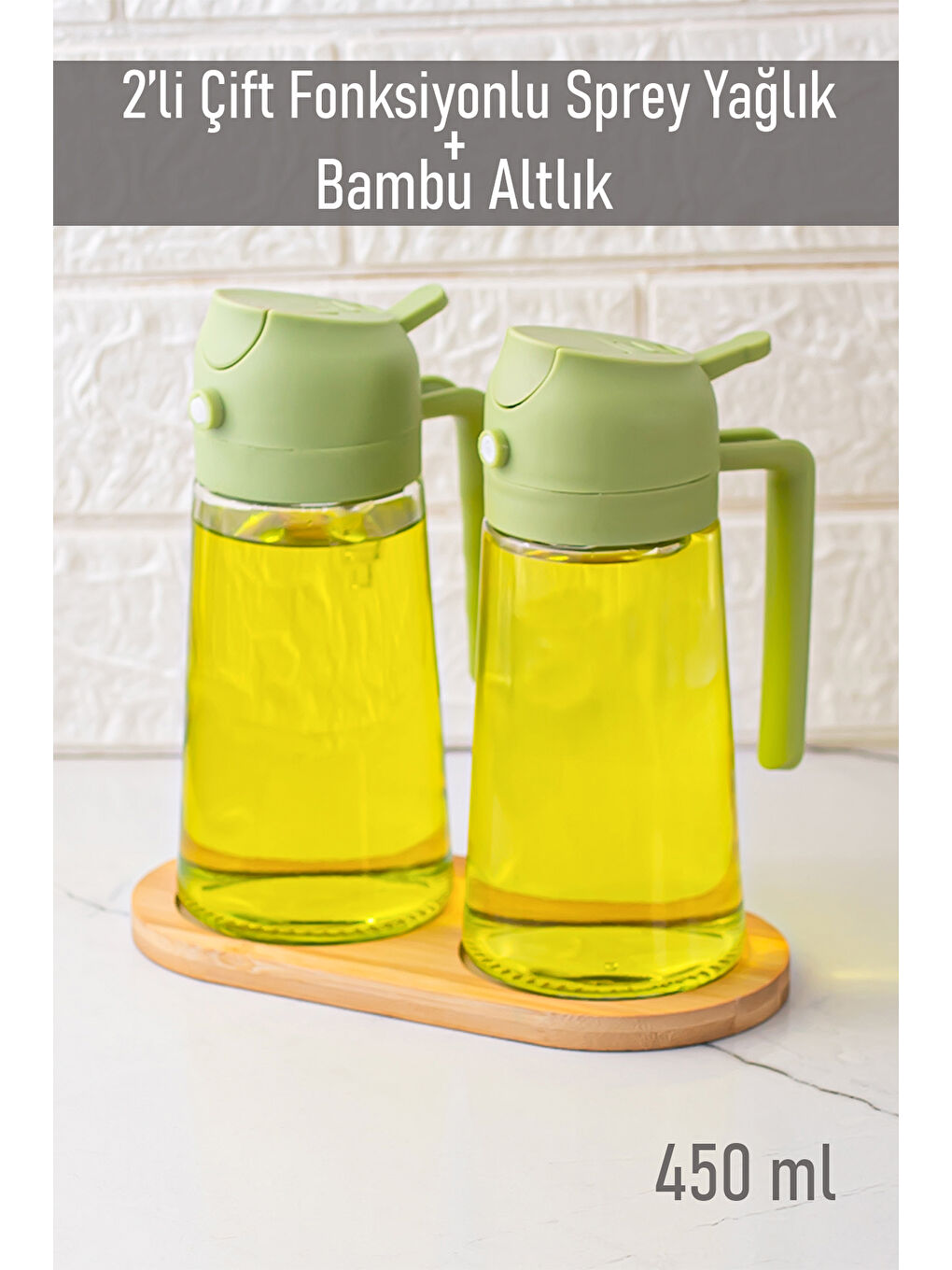 ALK-1900 Çok Amaçlı Cam Sprey Şişe -Yağdanlık Sirke Püskürtücü, Sızdırmaz Standlı Yağdanlık Yeşil-3