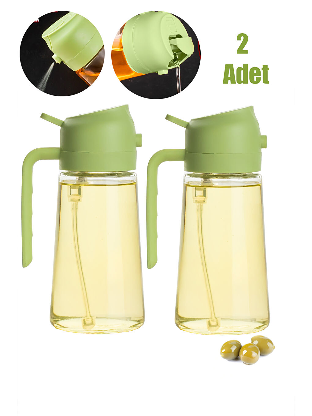 ALK-1900 Çok Amaçlı Cam Sprey Şişe -Yağdanlık Sirke Püskürtücü, Sızdırmaz Standlı Yağdanlık Yeşil-5