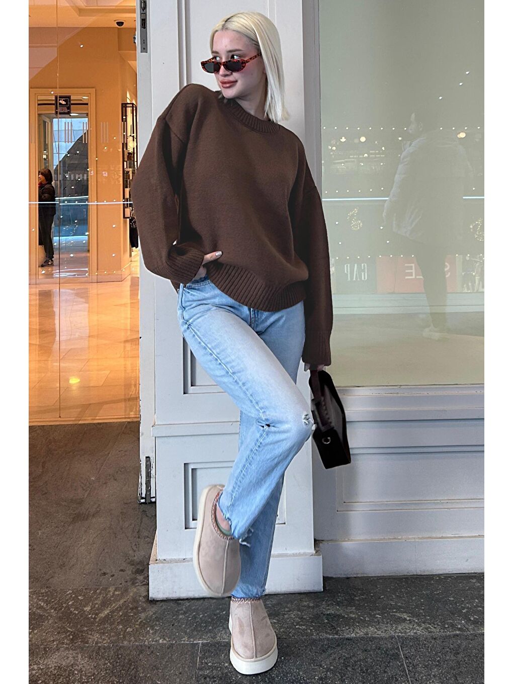 Kahverengi Bisiklet Yaka Oversize Triko Kazak Mg1972-3