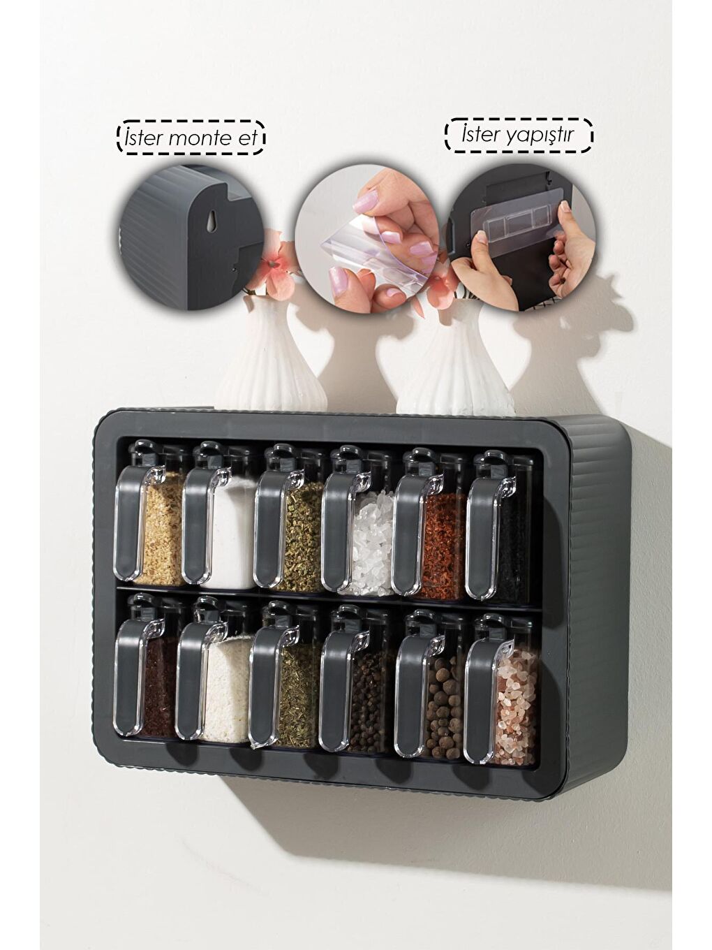 Gri 0440 Standlı 12li Kendinden Yapışkanlı Kaşıklı Kapaklı Baharatlık Takımı - Antrasit-1