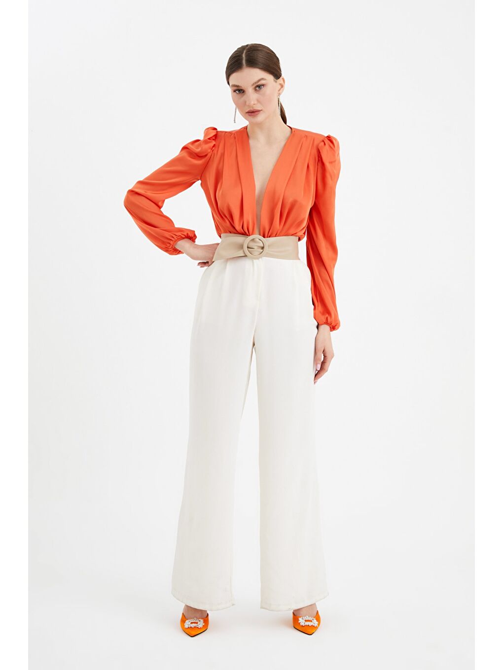 Turuncu Kruvaze Saten Bodysuit Bluz - Oranj