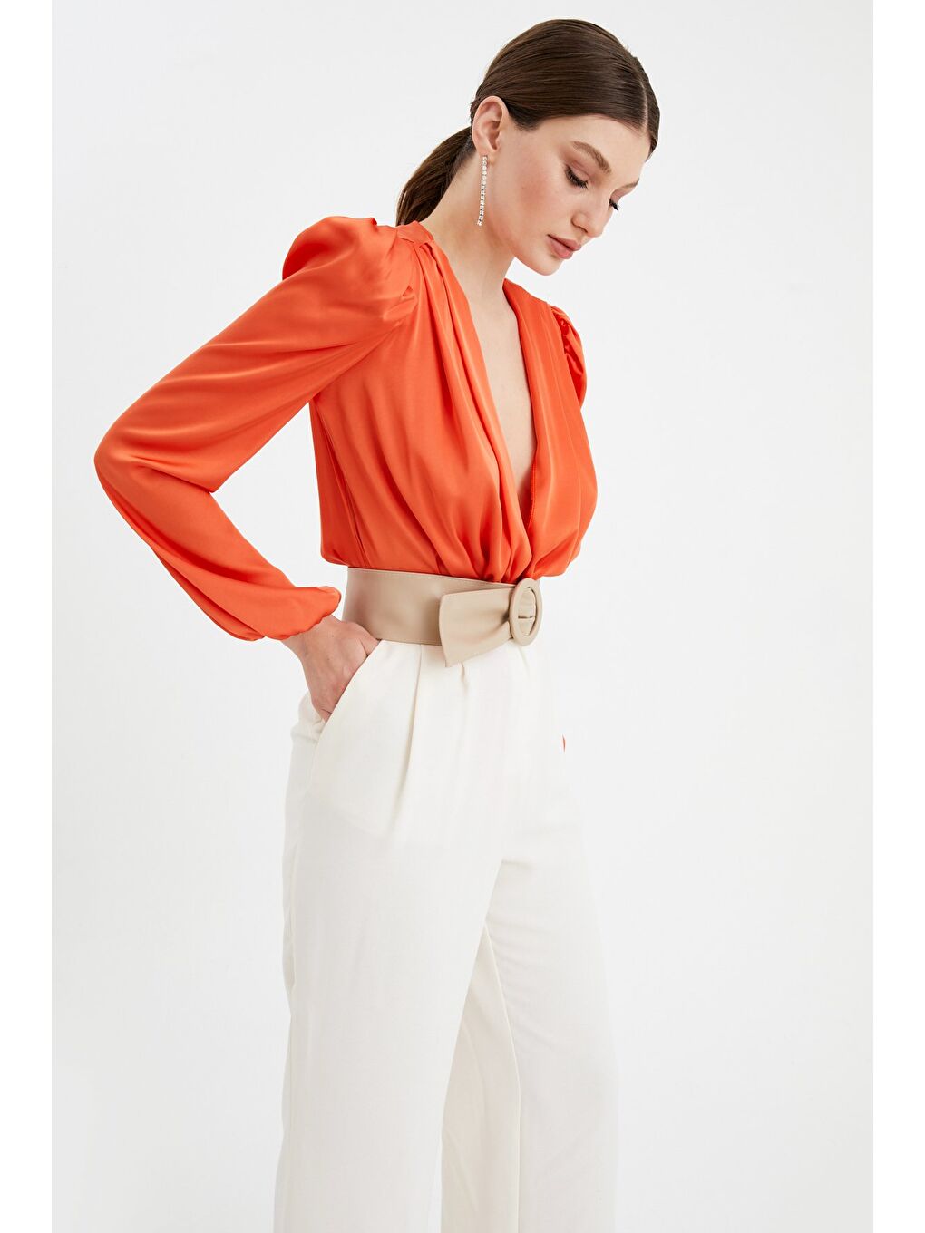 Turuncu Kruvaze Saten Bodysuit Bluz - Oranj-1