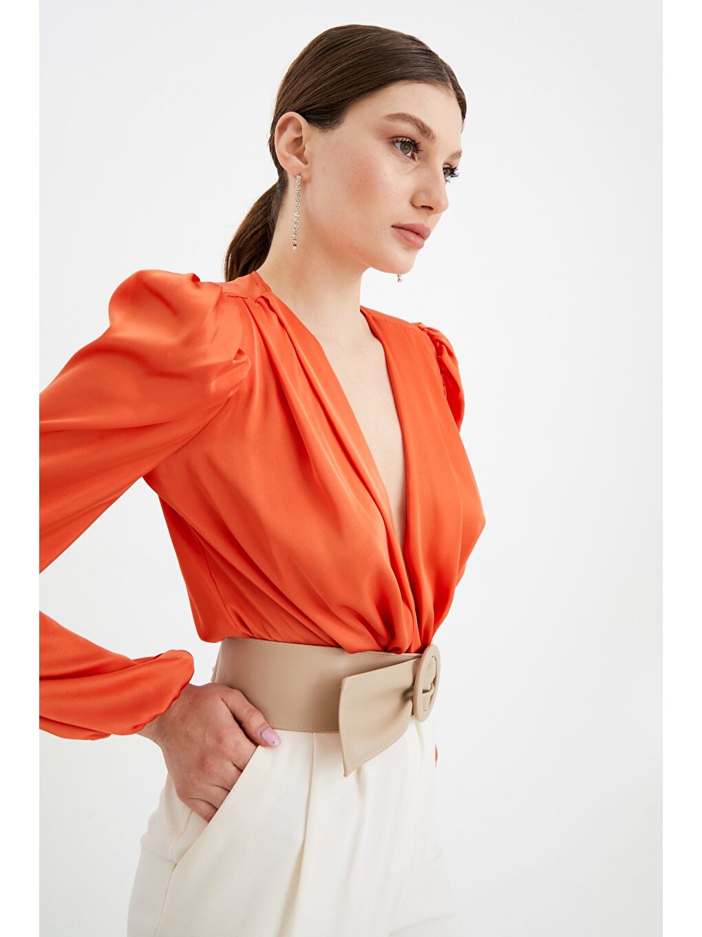Turuncu Kruvaze Saten Bodysuit Bluz - Oranj-2