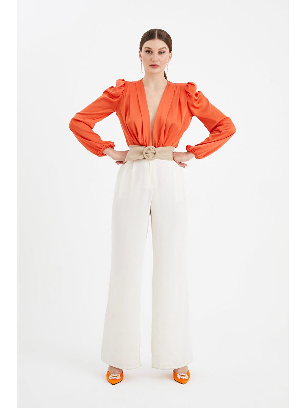 Turuncu Kruvaze Saten Bodysuit Bluz - Oranj-3