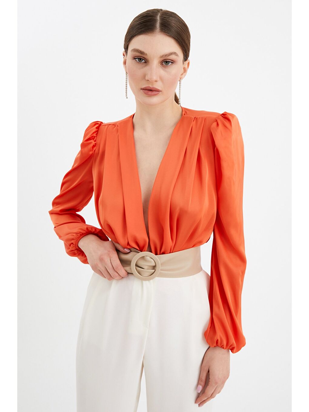 Turuncu Kruvaze Saten Bodysuit Bluz - Oranj-5