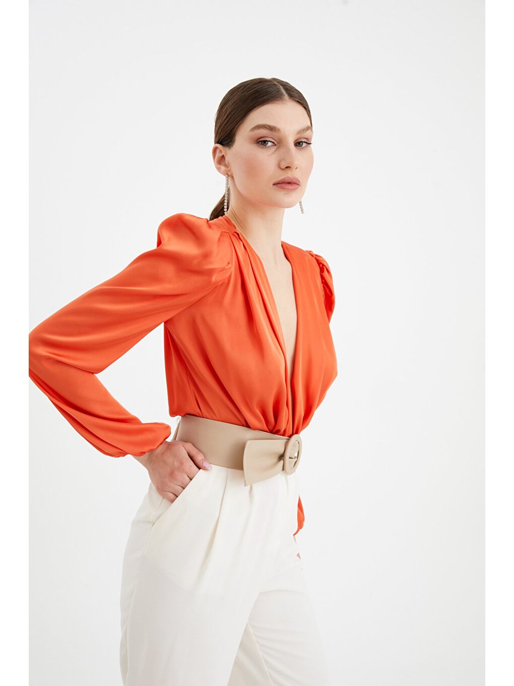 Turuncu Kruvaze Saten Bodysuit Bluz - Oranj-7