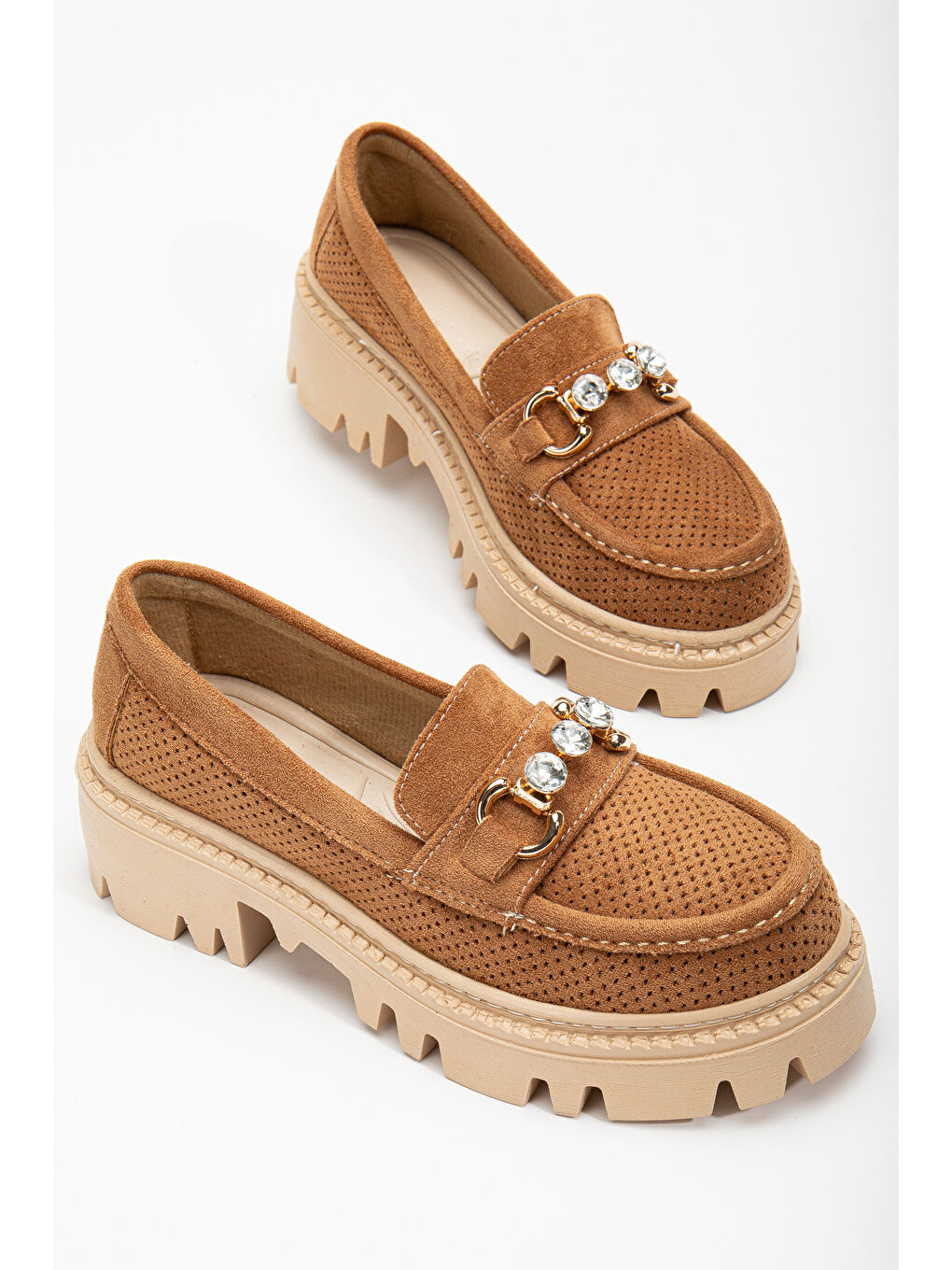 Kahverengi Kadın Taba Süet Rahat Kalıp Önü Tokalı Kalın Taban Loafer-3