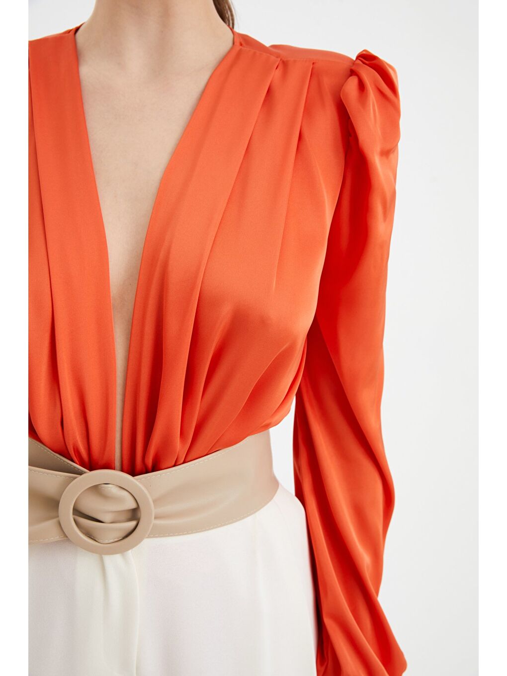 Turuncu Kruvaze Saten Bodysuit Bluz - Oranj-8