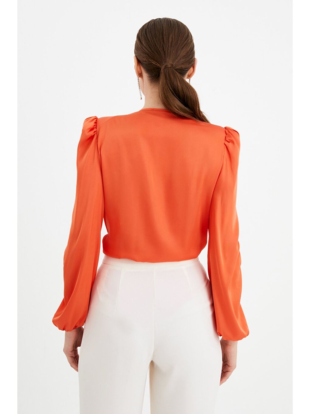 Turuncu Kruvaze Saten Bodysuit Bluz - Oranj-9