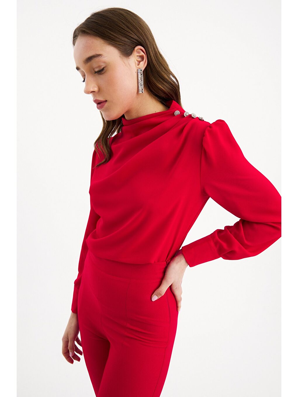 Düğmeleri Taş Detaylı Bluz - Kırmızı