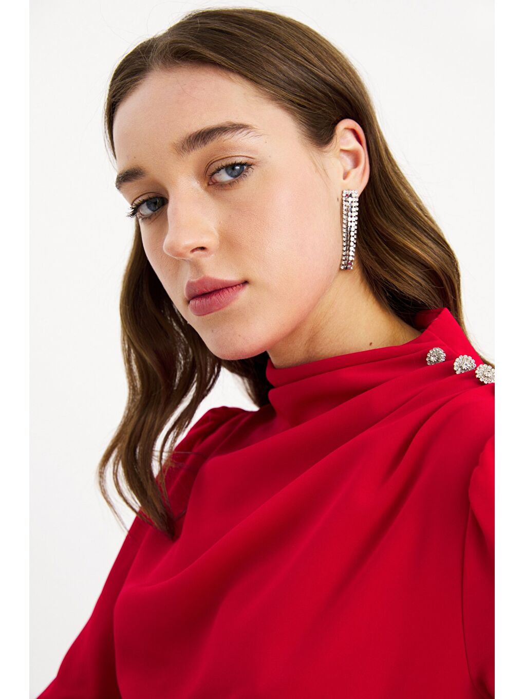 Düğmeleri Taş Detaylı Bluz - Kırmızı-1