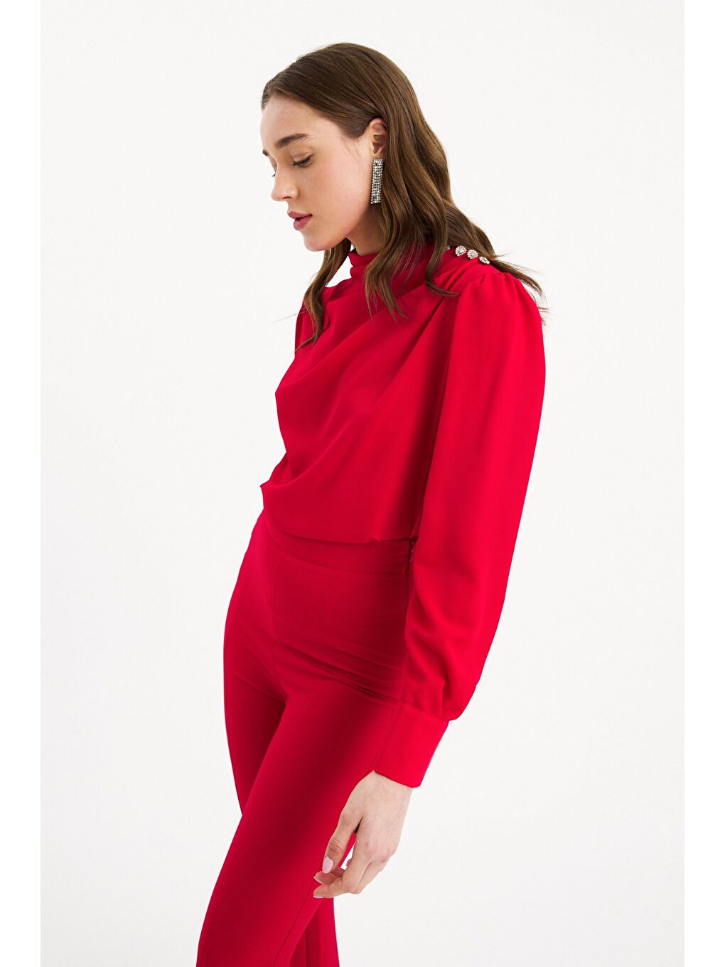 Düğmeleri Taş Detaylı Bluz - Kırmızı-3