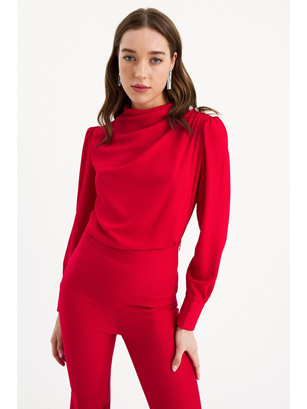 Düğmeleri Taş Detaylı Bluz - Kırmızı-4