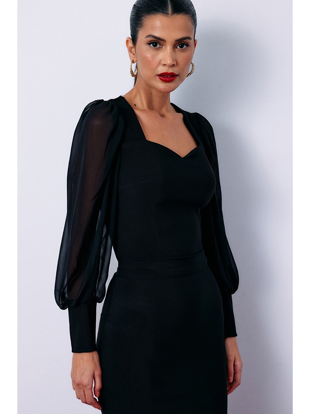 Balon Kol Crop Bluz - Siyah-1