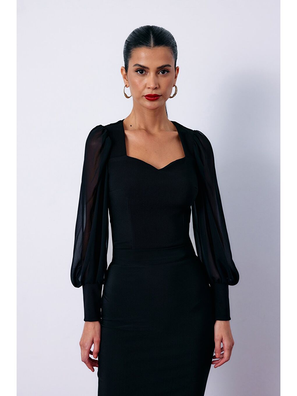 Balon Kol Crop Bluz - Siyah-2