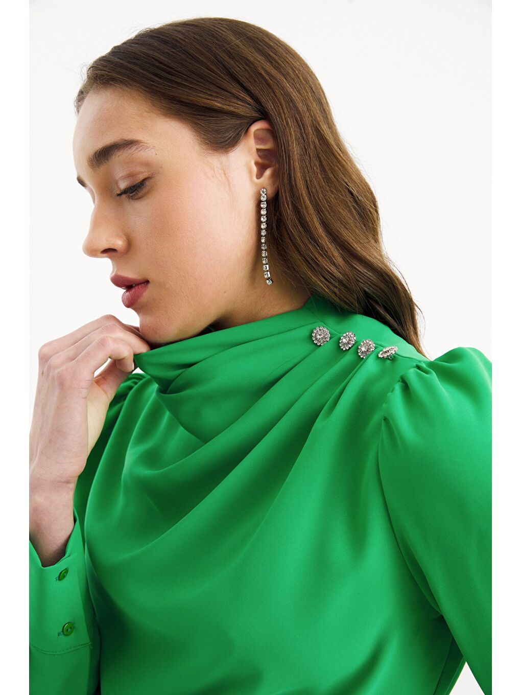 Düğmeleri Taş Detaylı Bluz - Yeşil-1
