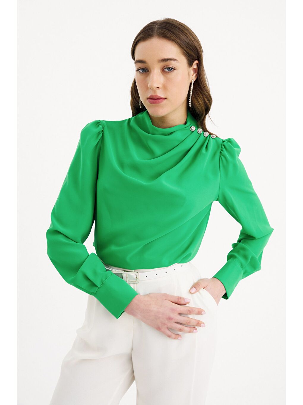 Düğmeleri Taş Detaylı Bluz - Yeşil-2