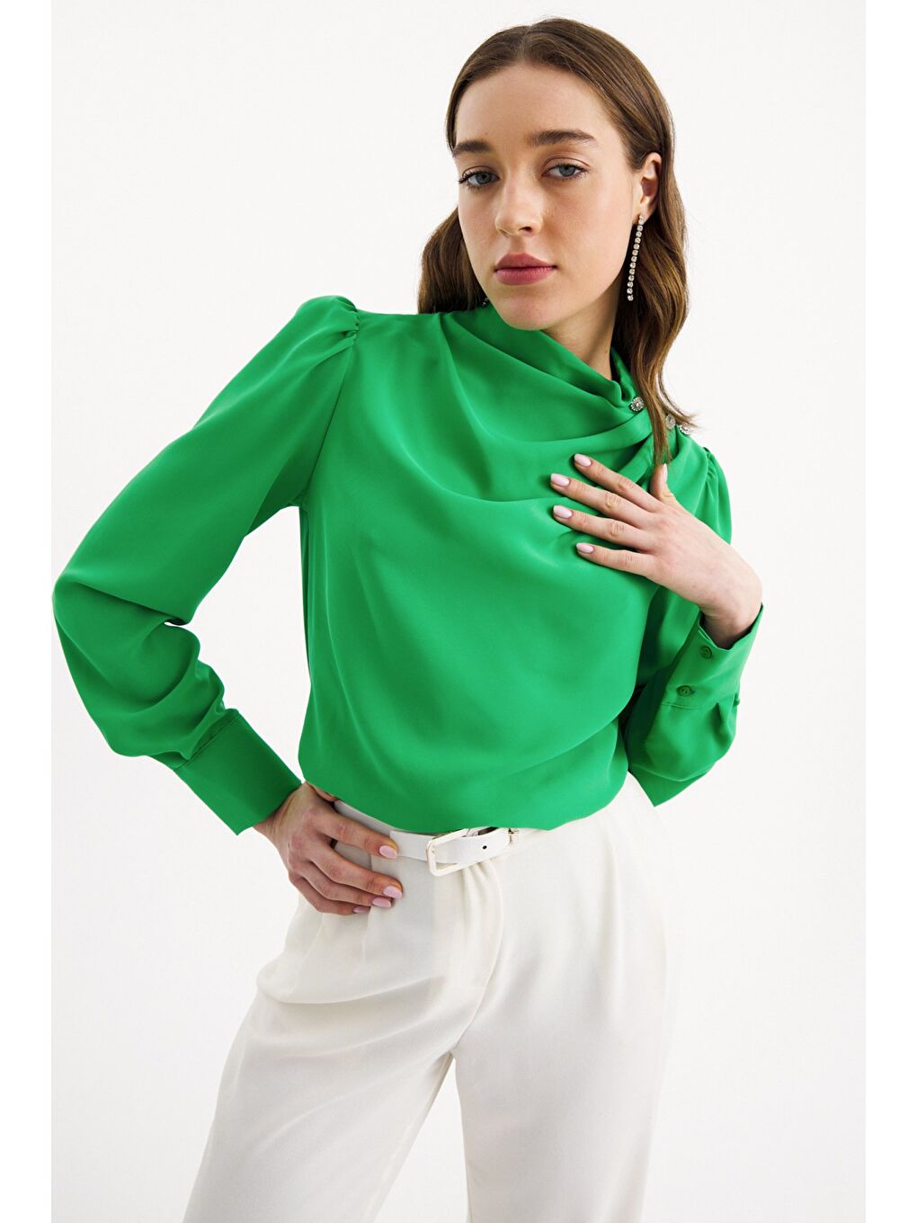 Düğmeleri Taş Detaylı Bluz - Yeşil-3