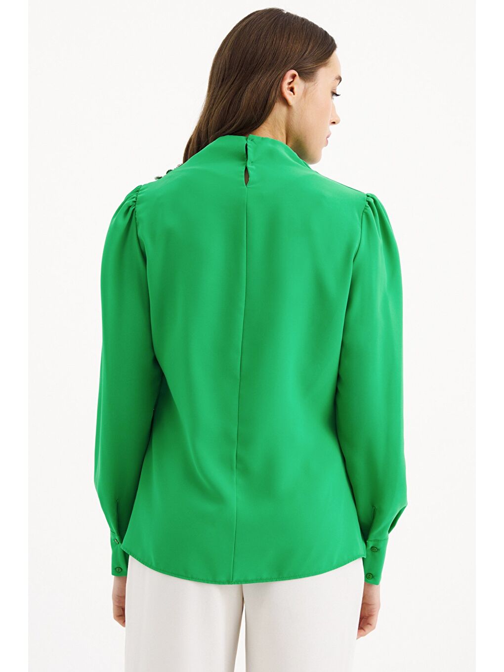 Düğmeleri Taş Detaylı Bluz - Yeşil-5