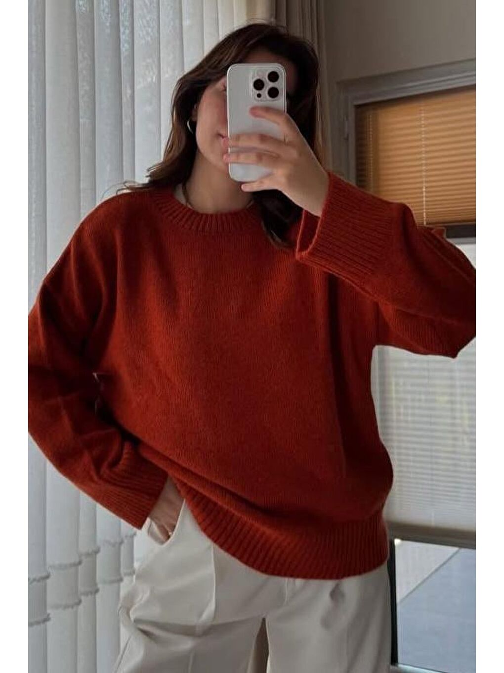 Kahverengi Kiremit Bisiklet Yaka Oversize Triko Kazak Mg1972