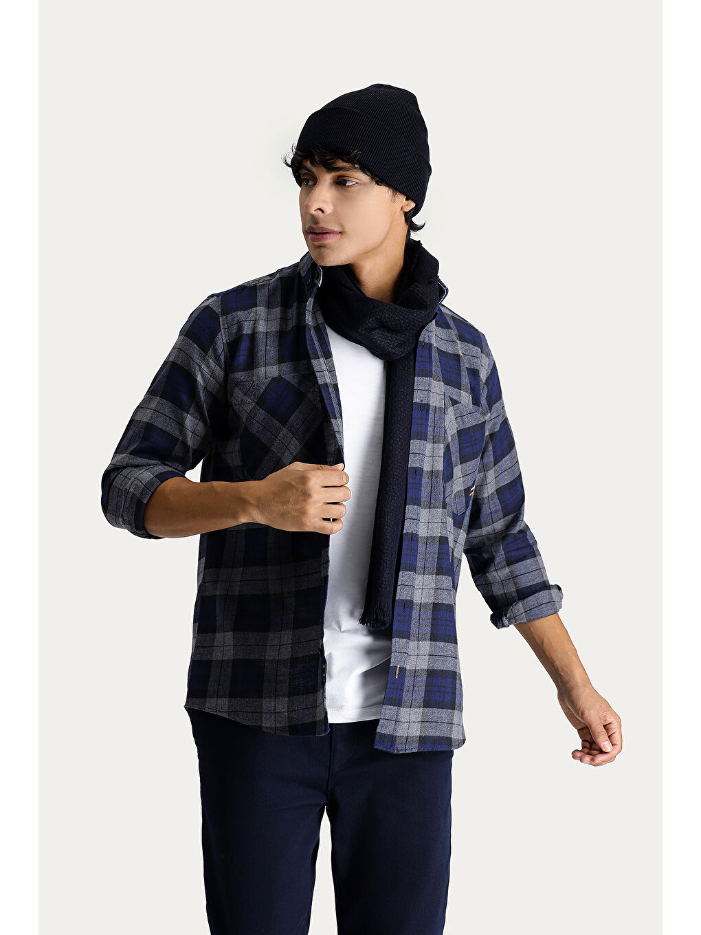 Lacivert Uzun Kol Oversize Ekose Oduncu Pamuk Gömlek-2