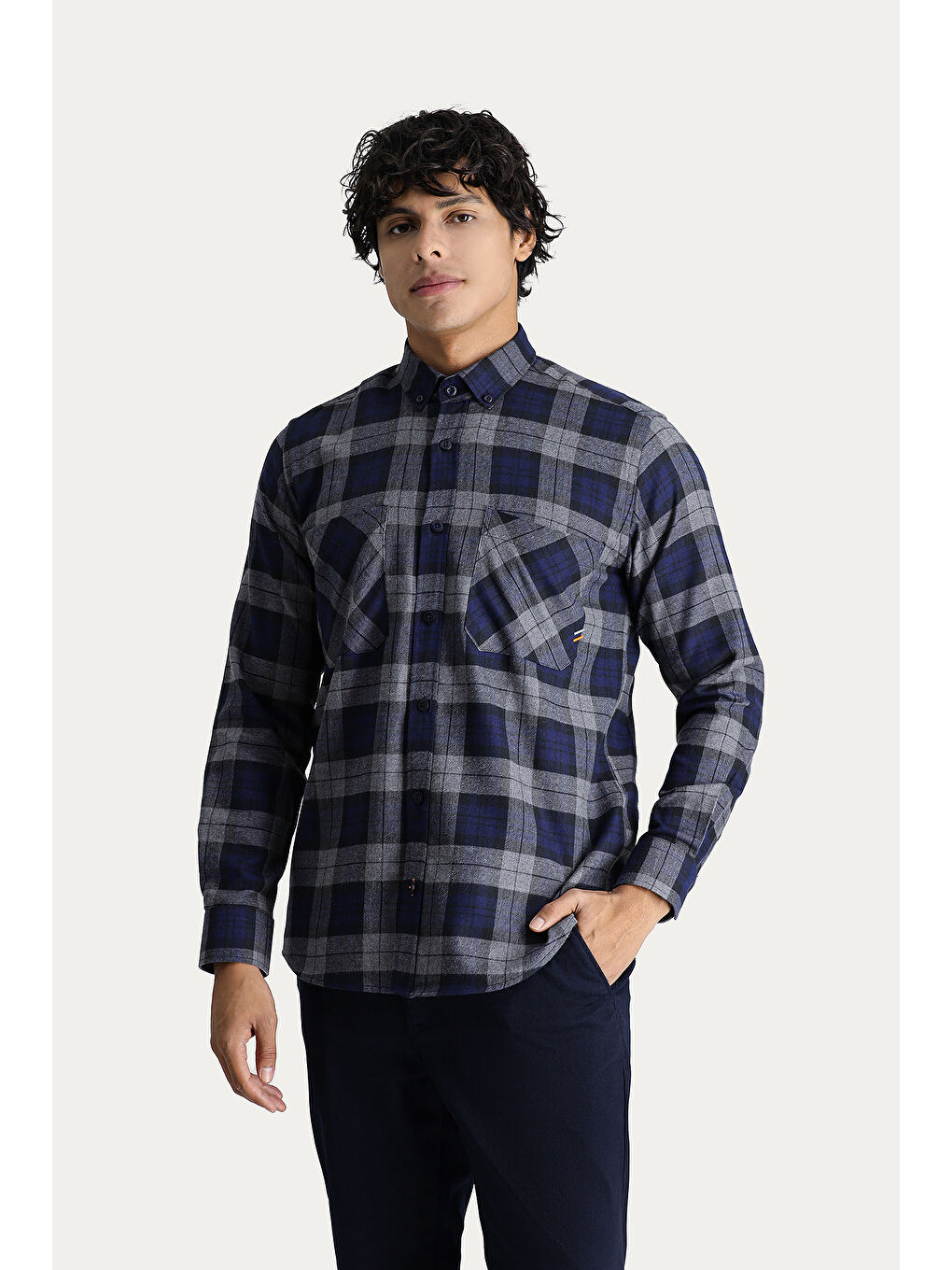 Lacivert Uzun Kol Oversize Ekose Oduncu Pamuk Gömlek-3