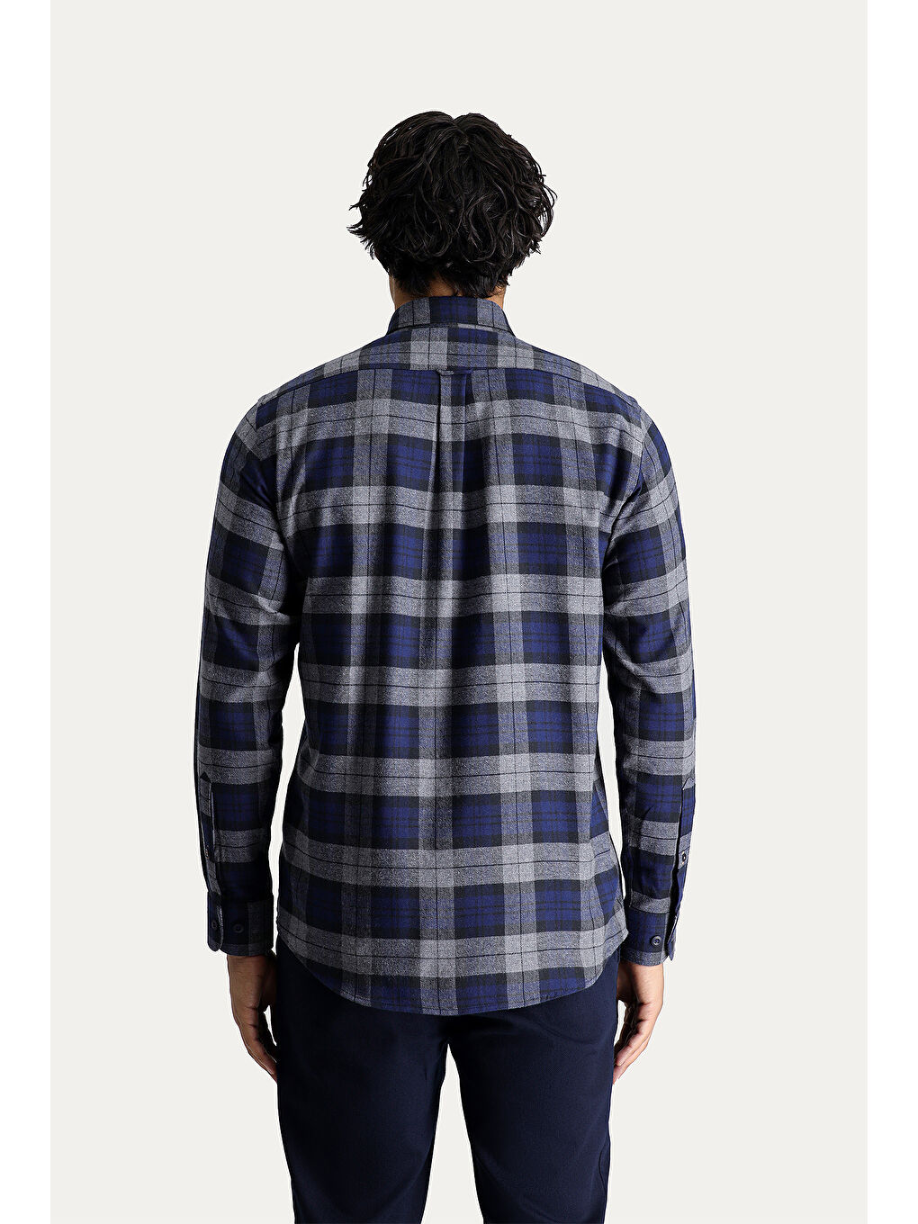 Lacivert Uzun Kol Oversize Ekose Oduncu Pamuk Gömlek-4