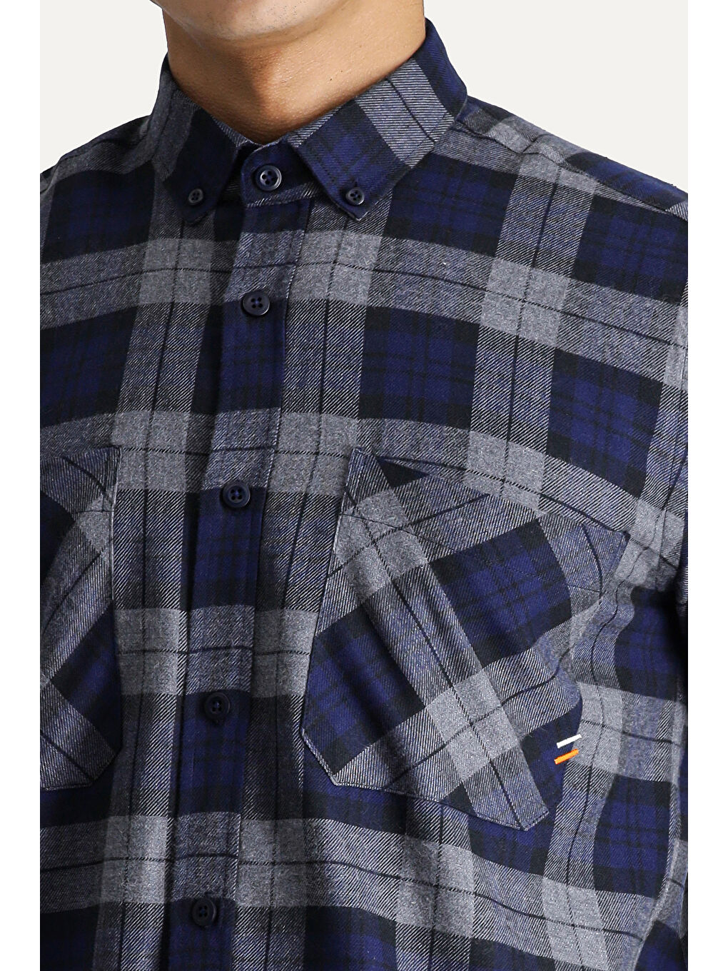 Lacivert Uzun Kol Oversize Ekose Oduncu Pamuk Gömlek-5