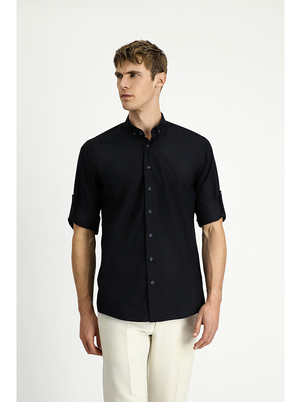 Siyah Uzun Kol Regular Fit Düğmeli Yaka Pamuk Gömlek-3