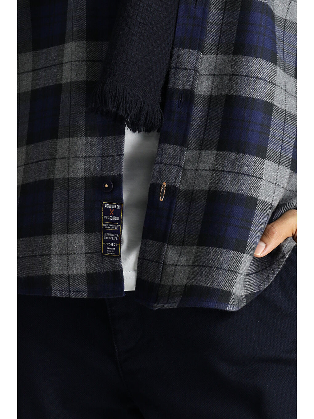 Lacivert Uzun Kol Oversize Ekose Oduncu Pamuk Gömlek-6