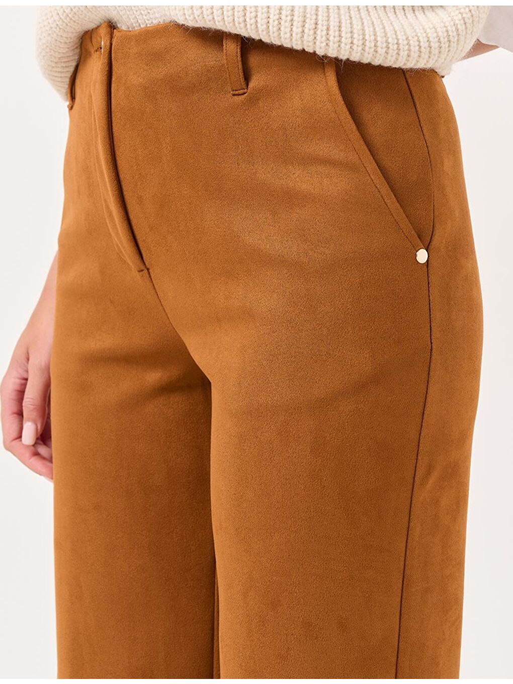 Kahverengi Taba Yüksek Bel Bol Paça Süet Pantolon-1