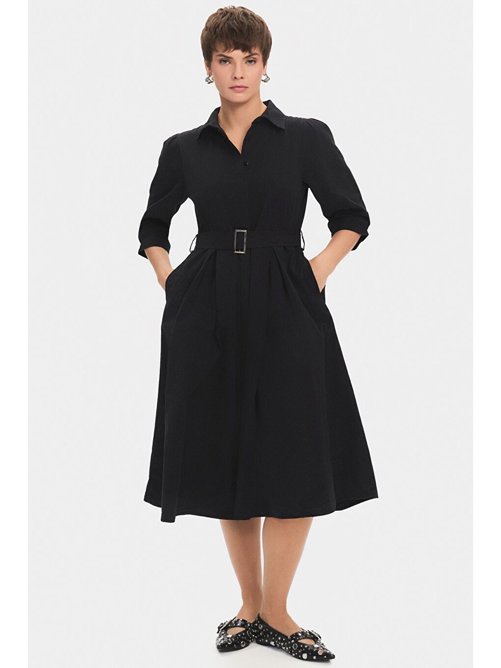 Siyah Kadın %100 Pamuk Gömlek Yaka Kemerli Fırfırlı Midi Elbise-3