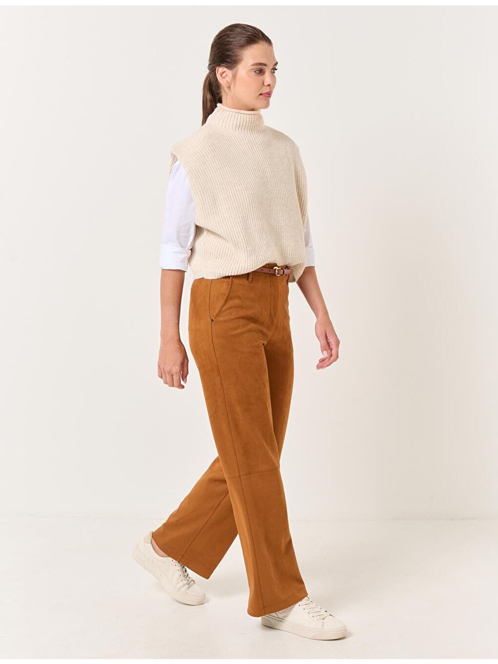 Kahverengi Taba Yüksek Bel Bol Paça Süet Pantolon-2