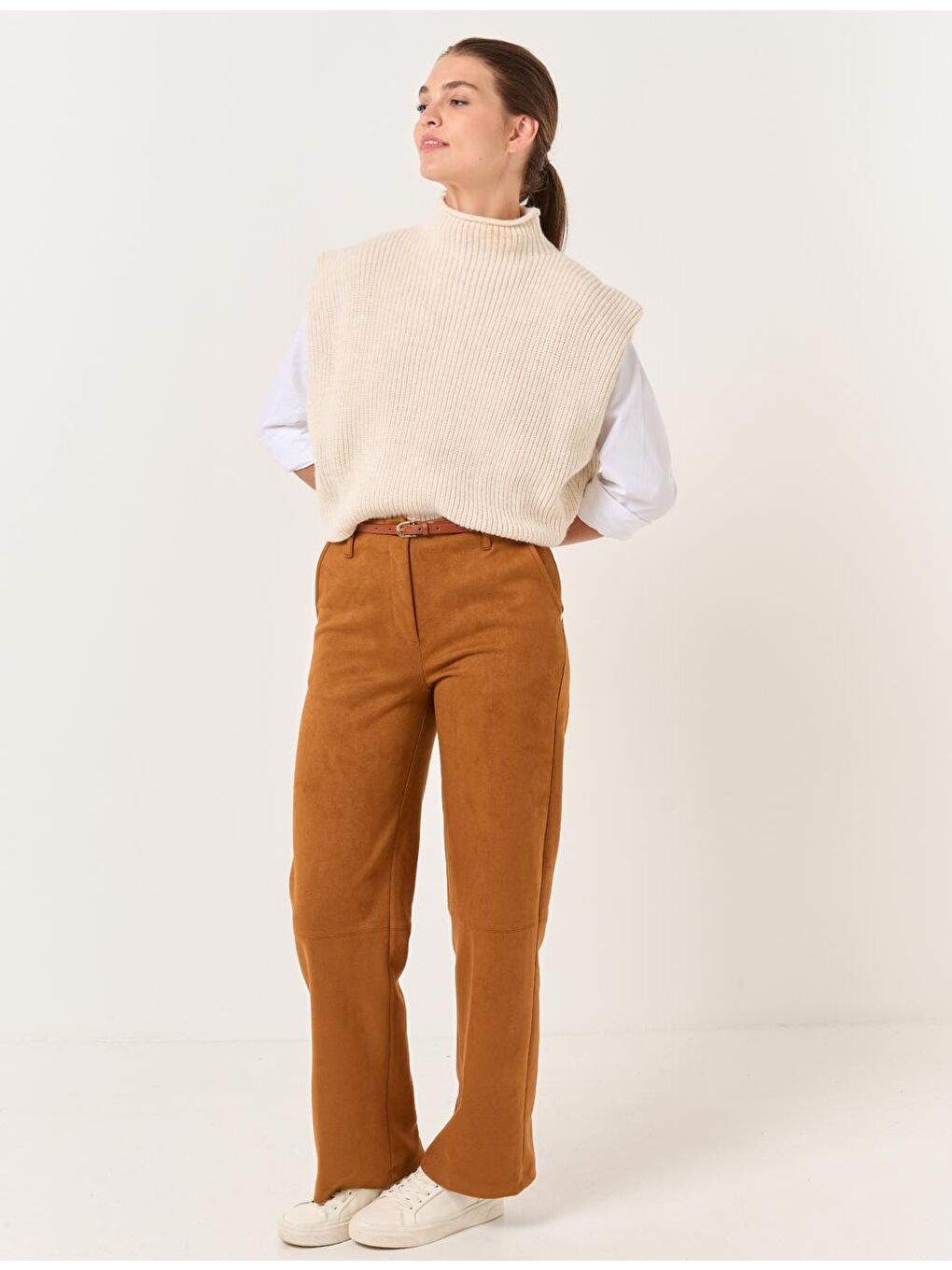 Kahverengi Taba Yüksek Bel Bol Paça Süet Pantolon-3