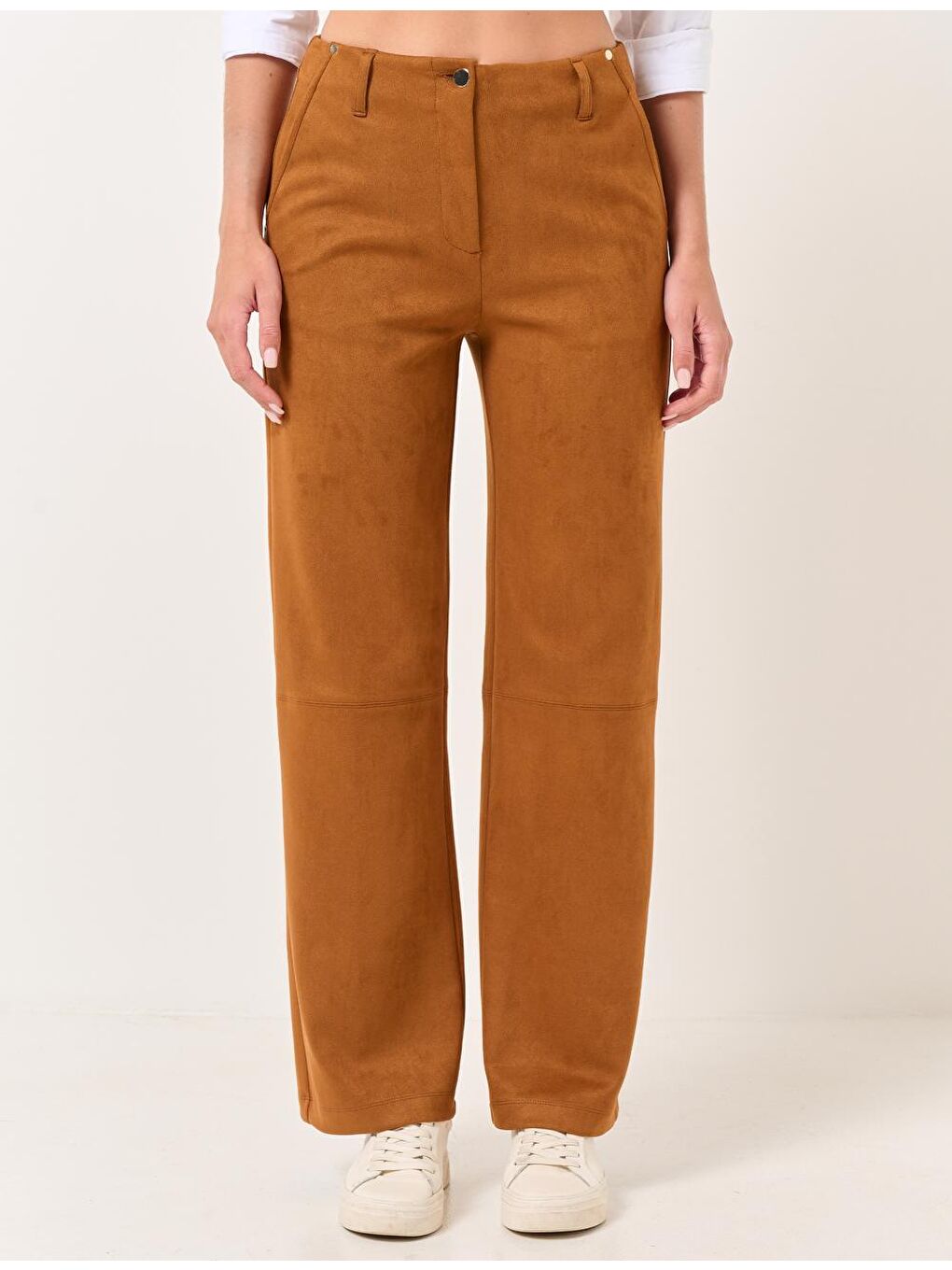 Kahverengi Taba Yüksek Bel Bol Paça Süet Pantolon-4