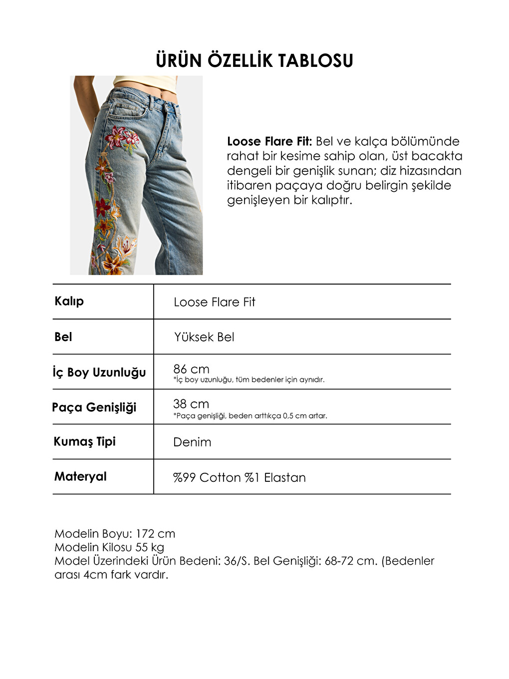 Mavi Kadın Jean Rengi 4s6-32 Flare Fit Beli Lastikli Özel Çiçek Desen Nakışlı Tasarım Denim Jean-3